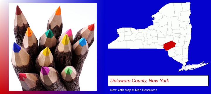 colored pencils; Delaware County, New York highlighted in red on a map