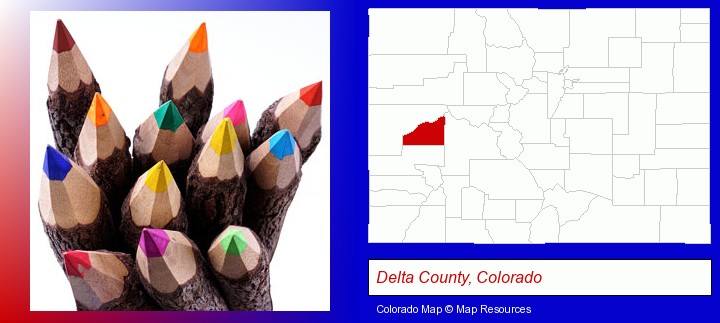 colored pencils; Delta County, Colorado highlighted in red on a map