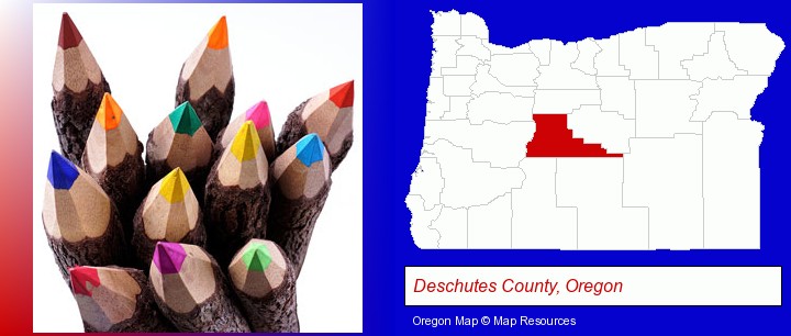 colored pencils; Deschutes County, Oregon highlighted in red on a map