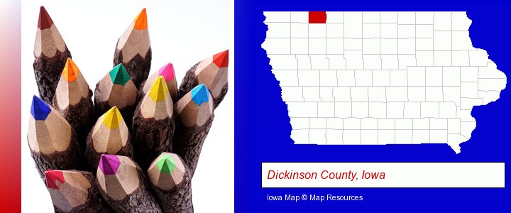 colored pencils; Dickinson County, Iowa highlighted in red on a map