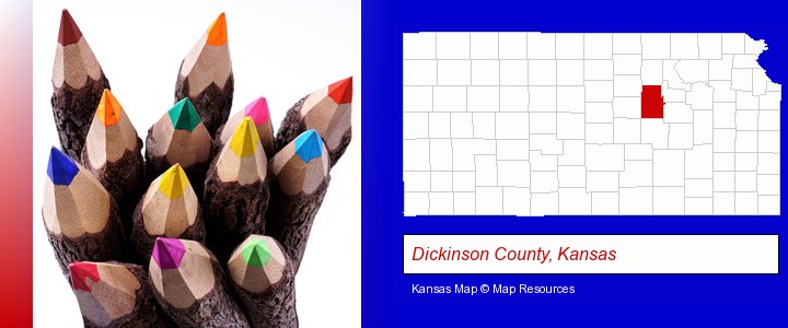 colored pencils; Dickinson County, Kansas highlighted in red on a map