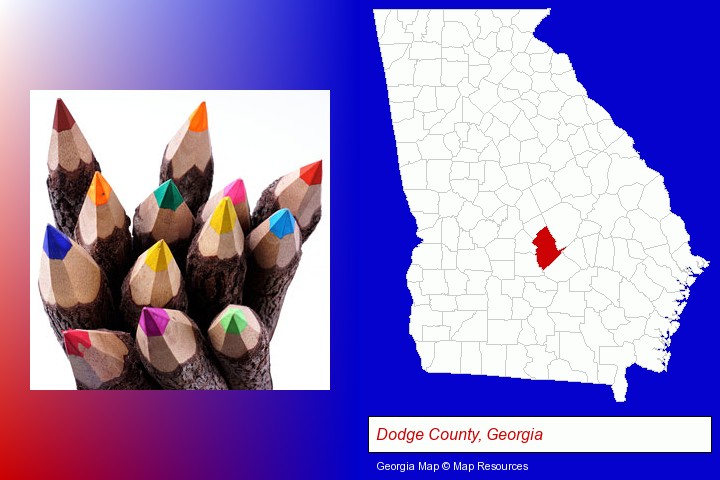 colored pencils; Dodge County, Georgia highlighted in red on a map