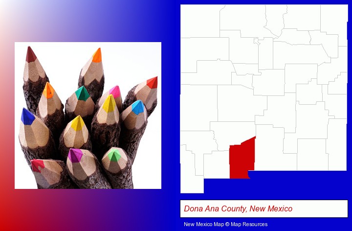 colored pencils; Dona Ana County, New Mexico highlighted in red on a map