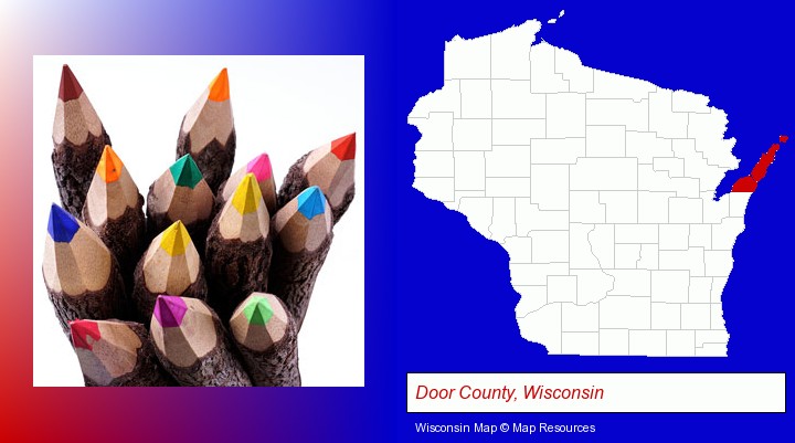 colored pencils; Door County, Wisconsin highlighted in red on a map