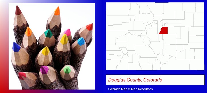 colored pencils; Douglas County, Colorado highlighted in red on a map
