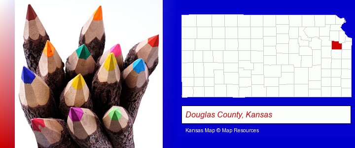 colored pencils; Douglas County, Kansas highlighted in red on a map