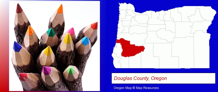 colored pencils; Douglas County, Oregon highlighted in red on a map