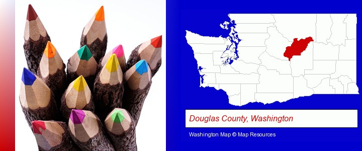 colored pencils; Douglas County, Washington highlighted in red on a map