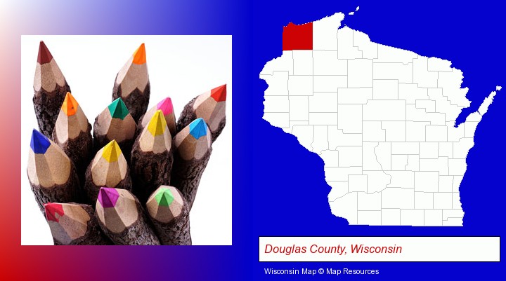 colored pencils; Douglas County, Wisconsin highlighted in red on a map
