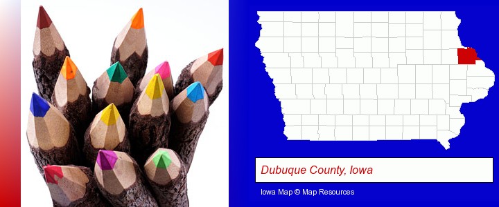 colored pencils; Dubuque County, Iowa highlighted in red on a map
