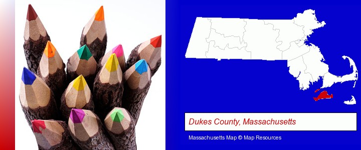 colored pencils; Dukes County, Massachusetts highlighted in red on a map
