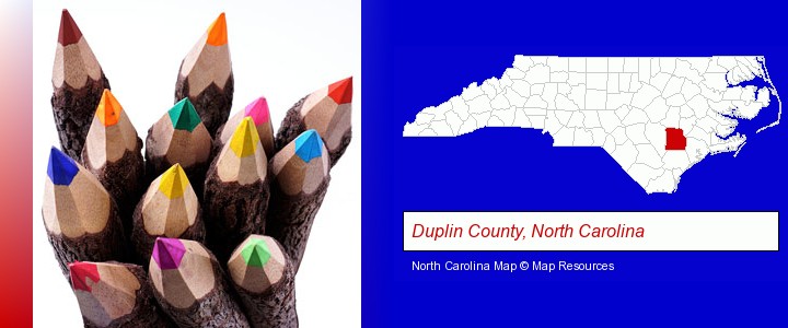 colored pencils; Duplin County, North Carolina highlighted in red on a map