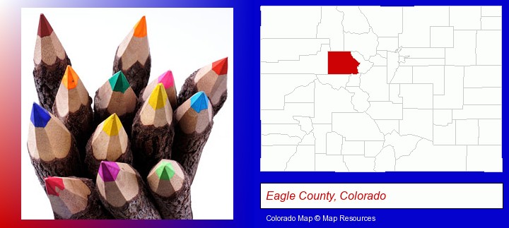 colored pencils; Eagle County, Colorado highlighted in red on a map
