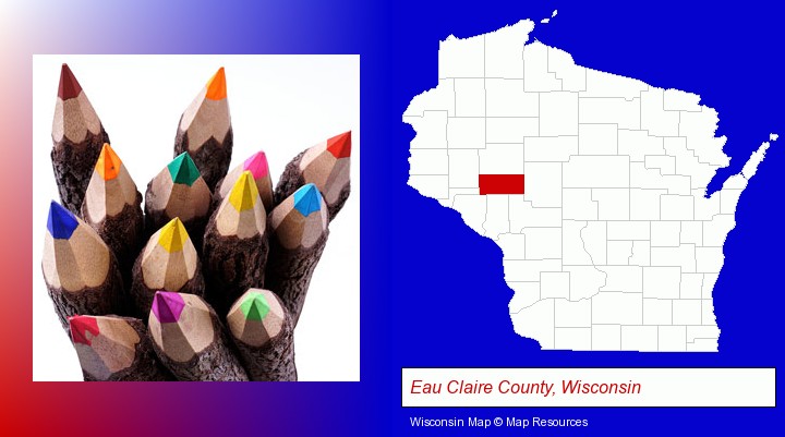 colored pencils; Eau Claire County, Wisconsin highlighted in red on a map