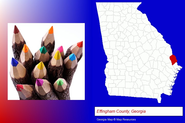 colored pencils; Effingham County, Georgia highlighted in red on a map