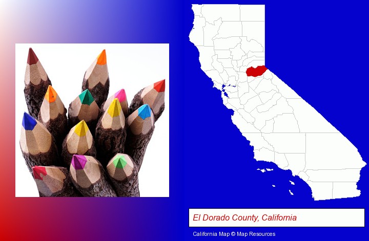 colored pencils; El Dorado County, California highlighted in red on a map