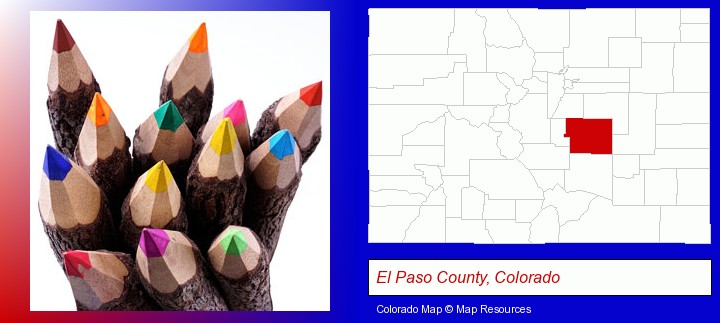 colored pencils; El Paso County, Colorado highlighted in red on a map