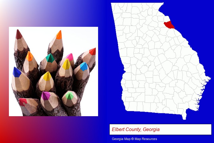 colored pencils; Elbert County, Georgia highlighted in red on a map