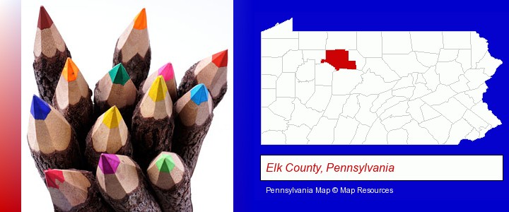 colored pencils; Elk County, Pennsylvania highlighted in red on a map