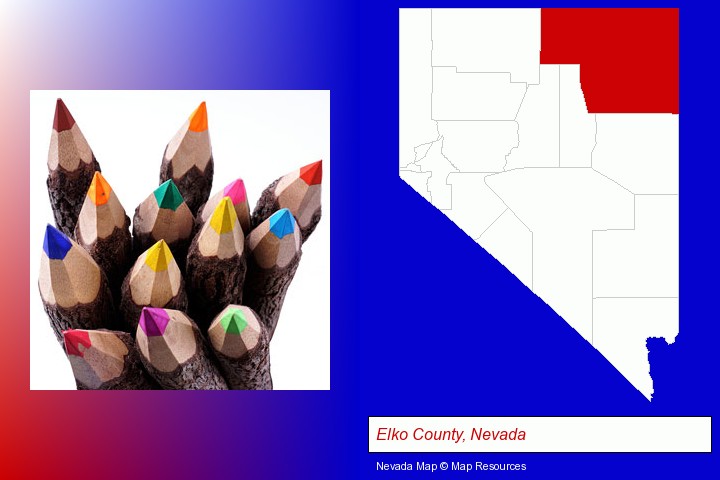 colored pencils; Elko County, Nevada highlighted in red on a map