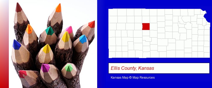 colored pencils; Ellis County, Kansas highlighted in red on a map