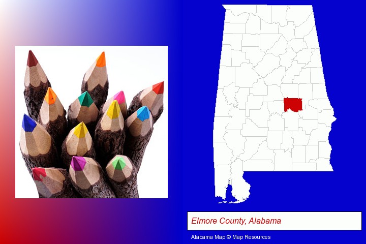colored pencils; Elmore County, Alabama highlighted in red on a map