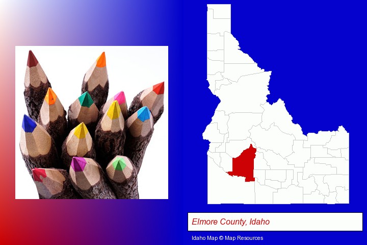 colored pencils; Elmore County, Idaho highlighted in red on a map