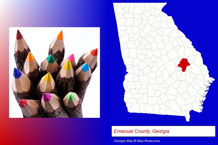colored pencils; Emanuel County, Georgia highlighted in red on a map