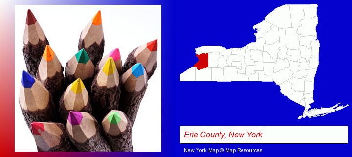 colored pencils; Erie County, New York highlighted in red on a map