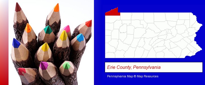 colored pencils; Erie County, Pennsylvania highlighted in red on a map