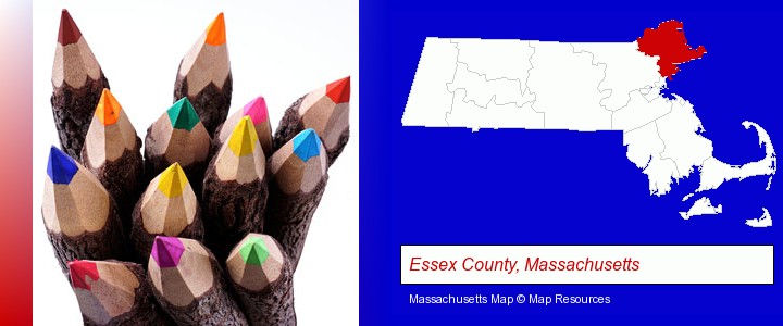 colored pencils; Essex County, Massachusetts highlighted in red on a map