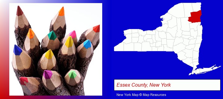 colored pencils; Essex County, New York highlighted in red on a map