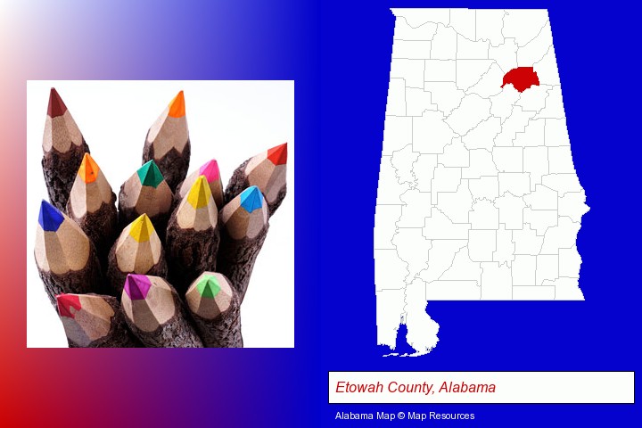 colored pencils; Etowah County, Alabama highlighted in red on a map