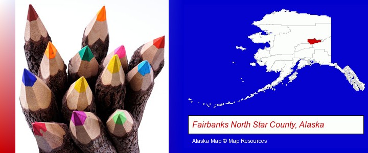 colored pencils; Fairbanks North Star County, Alaska highlighted in red on a map
