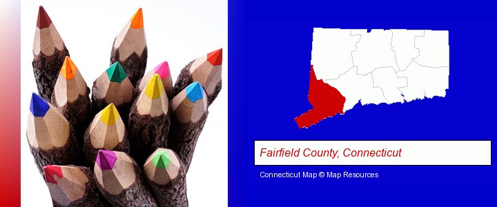colored pencils; Fairfield County, Connecticut highlighted in red on a map