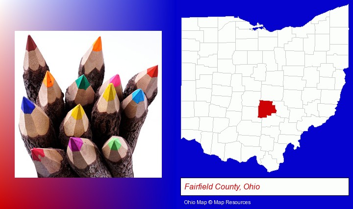 colored pencils; Fairfield County, Ohio highlighted in red on a map