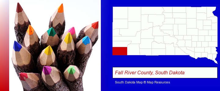 colored pencils; Fall River County, South Dakota highlighted in red on a map