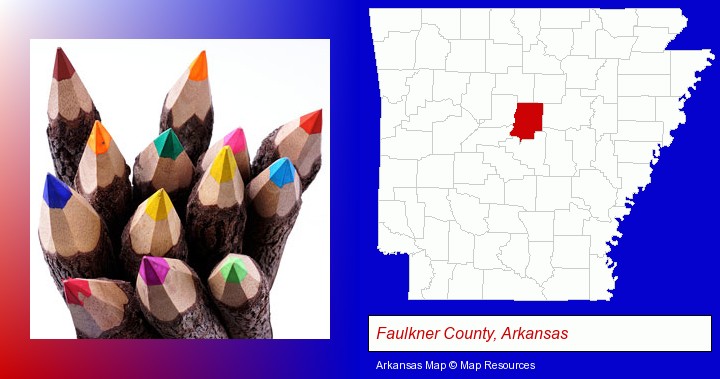 colored pencils; Faulkner County, Arkansas highlighted in red on a map