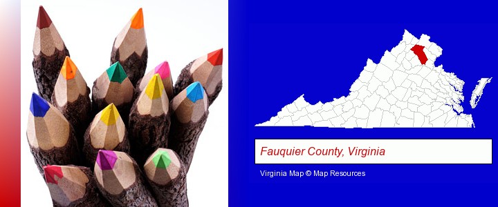 colored pencils; Fauquier County, Virginia highlighted in red on a map