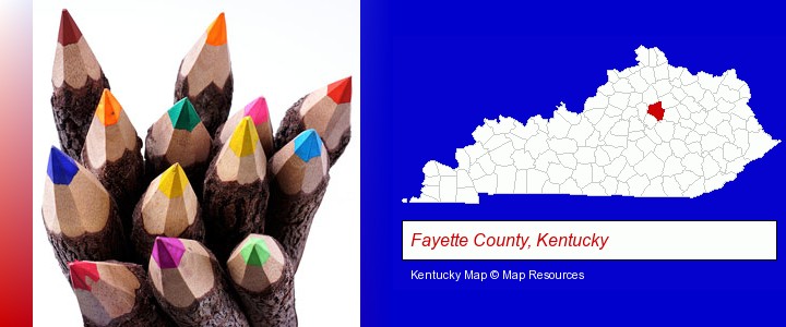 colored pencils; Fayette County, Kentucky highlighted in red on a map