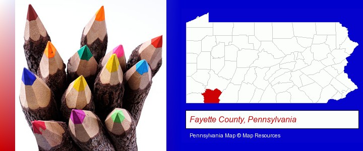colored pencils; Fayette County, Pennsylvania highlighted in red on a map