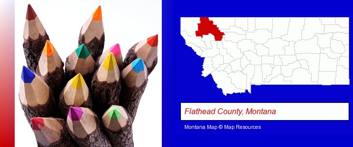 colored pencils; Flathead County, Montana highlighted in red on a map