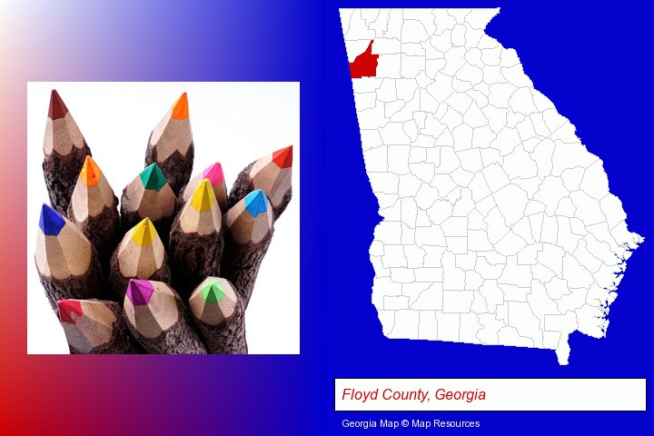 colored pencils; Floyd County, Georgia highlighted in red on a map