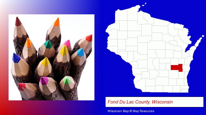 colored pencils; Fond Du Lac County, Wisconsin highlighted in red on a map