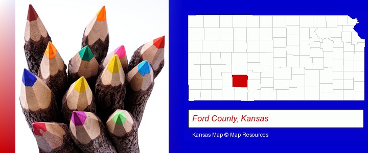 colored pencils; Ford County, Kansas highlighted in red on a map
