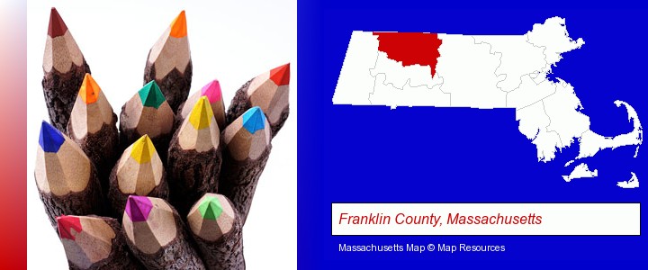 colored pencils; Franklin County, Massachusetts highlighted in red on a map