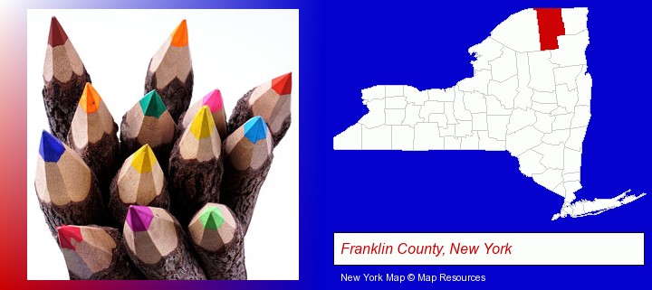 colored pencils; Franklin County, New York highlighted in red on a map