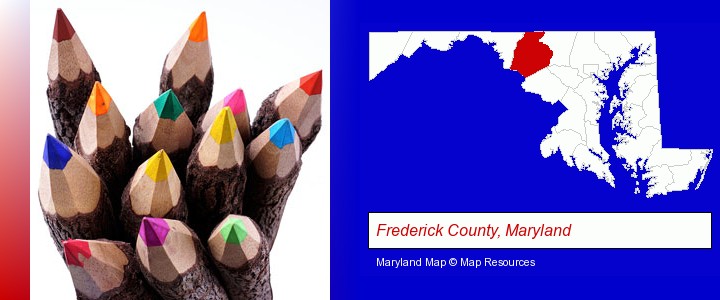 colored pencils; Frederick County, Maryland highlighted in red on a map