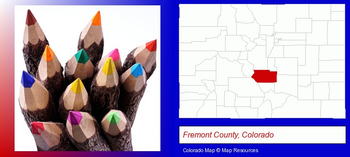colored pencils; Fremont County, Colorado highlighted in red on a map