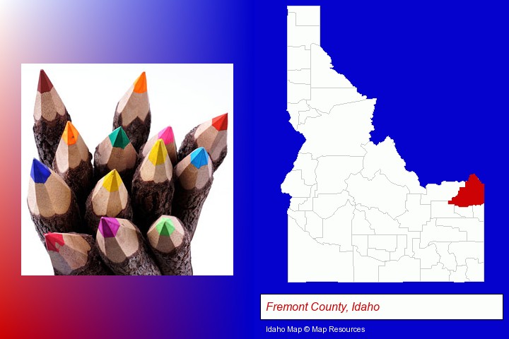 colored pencils; Fremont County, Idaho highlighted in red on a map